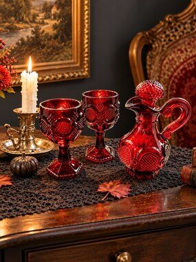 Vintage‎ Avon 1876 Cape Cod Ruby Red Cruet & Goblets Set